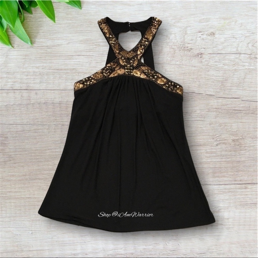 Cache Bronze Beaded Sequin Stretchy Halter Top *S… - image 5